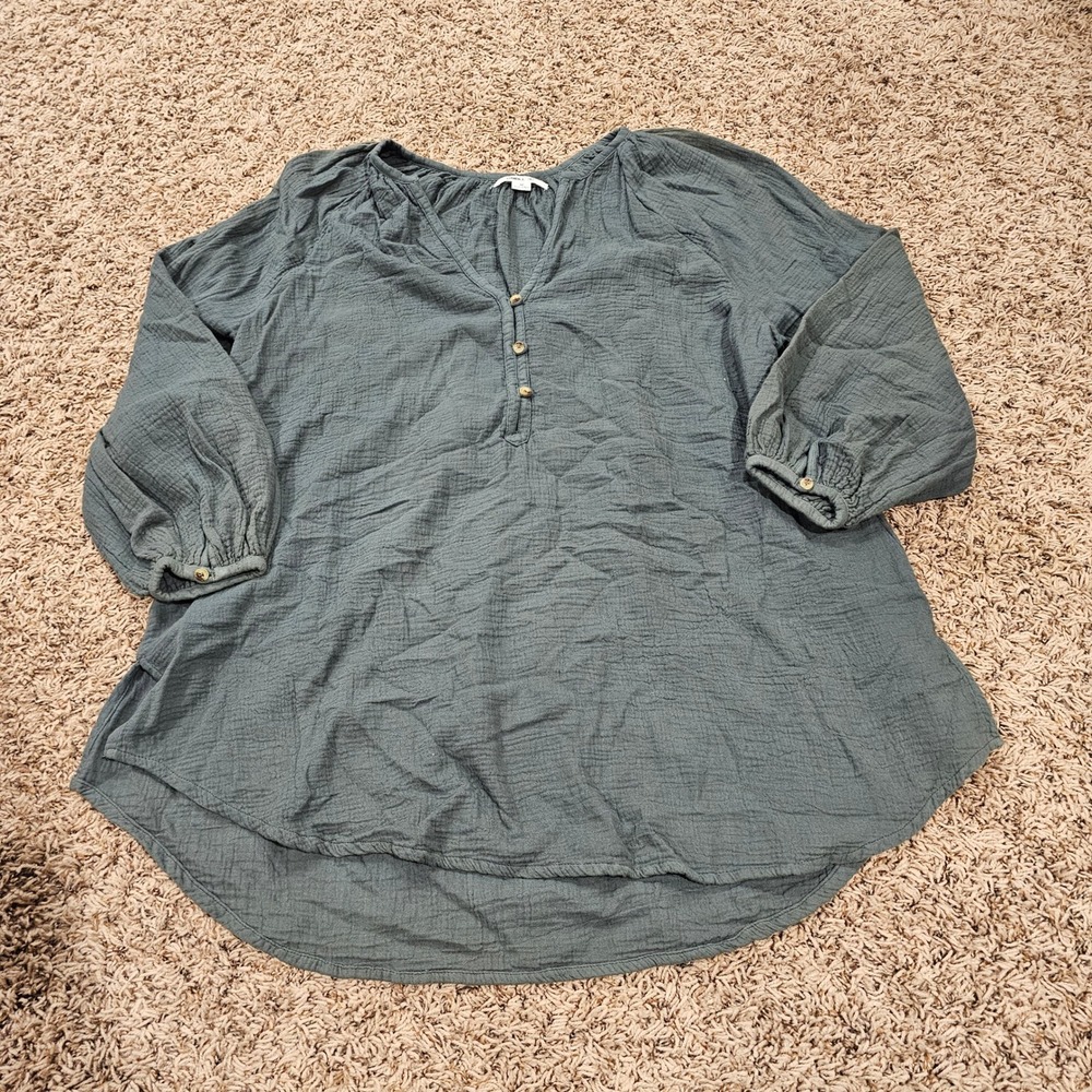 O'Neill Gauze‎ Henley Blouse Button V-Neck Blue Gray Medium